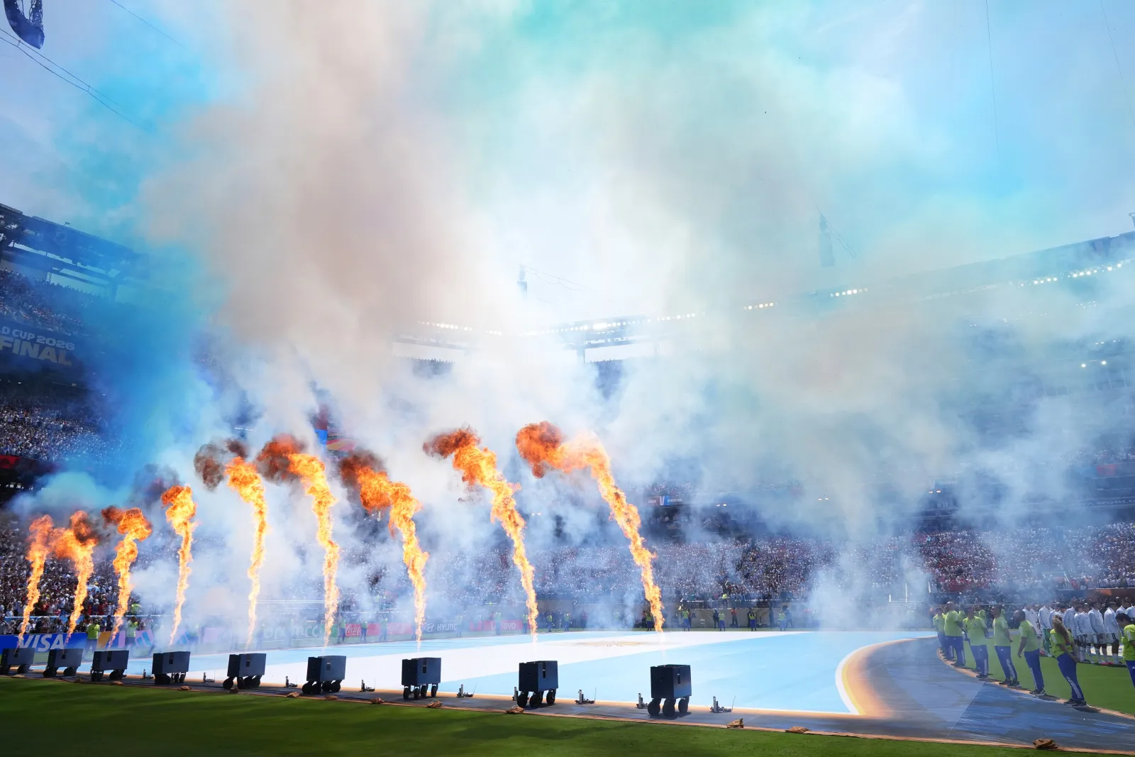 Pyrotechnics fill New York New Jersey Stadium before the 2026 World Cup final